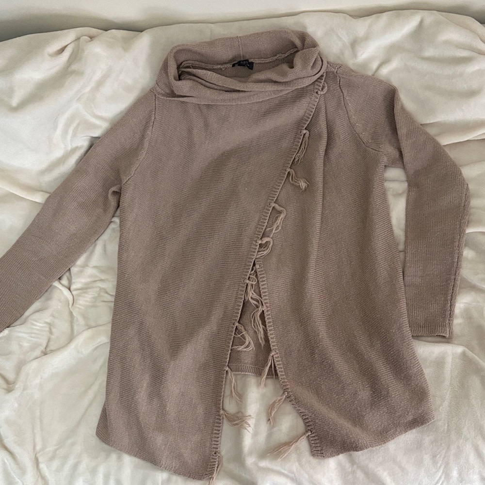 The Limited Beige Cowl Neck Waterfall Cardigan with Fringe